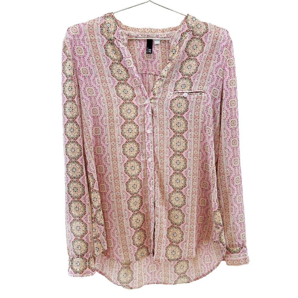 KUT FROM THE KLOTH Sheer Blade Collar Button Up Blouse • Medium • pink yellow